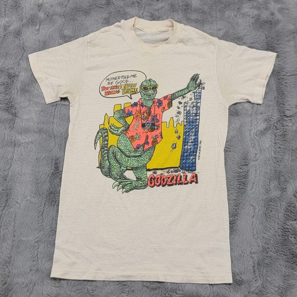 Vintage 1986 Godzilla Fun Wear Shirt Mens‎ XS White Hawaiian Graphic Movie Promo